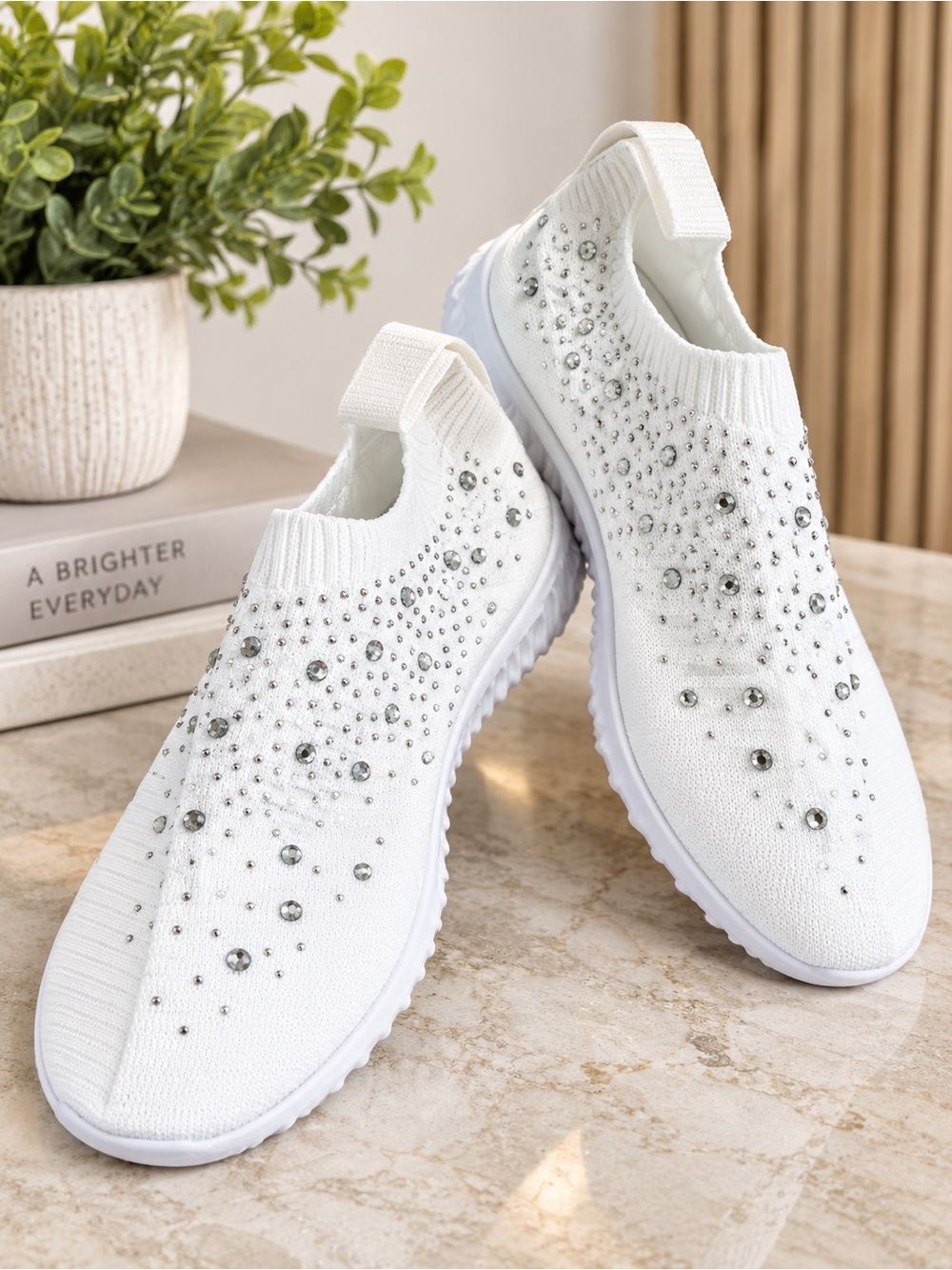 Women’s White Crystal Slip-On Knit Sneakers - Fashion Comfort